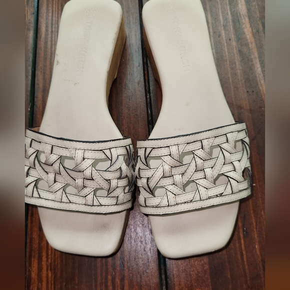 TORY BURCH Leather Cream Basketweave Wooden Clogs Sandles US 7 - Picture 2 of 5